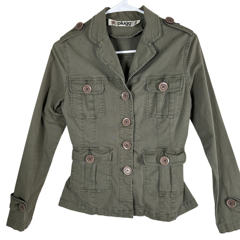 Plugg Utility Jacket Military‎ Style Khaki Green Button Up Pockets Size S